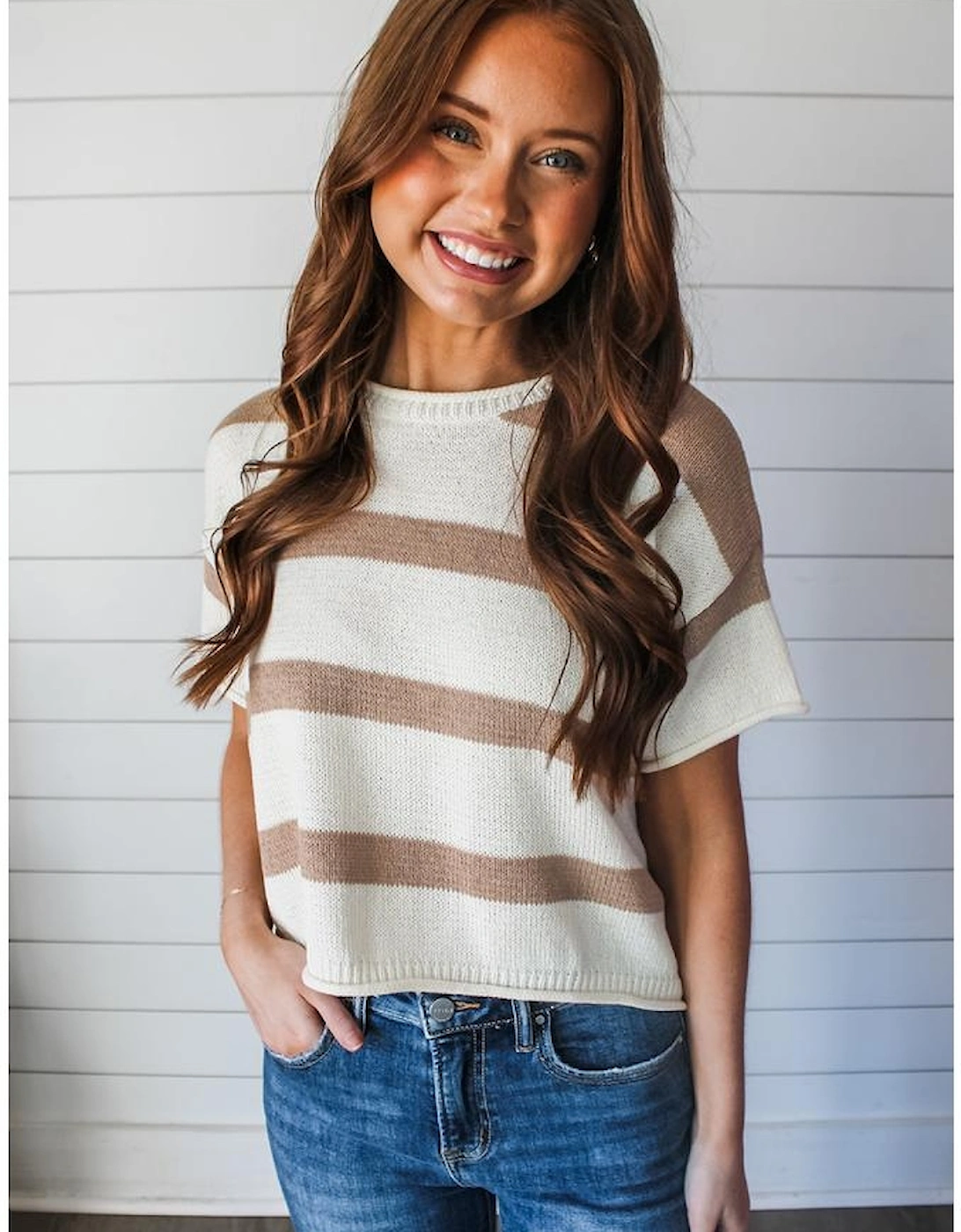 Khaki Stripe Dropped Short Sleeve Lightweight Knitted Top