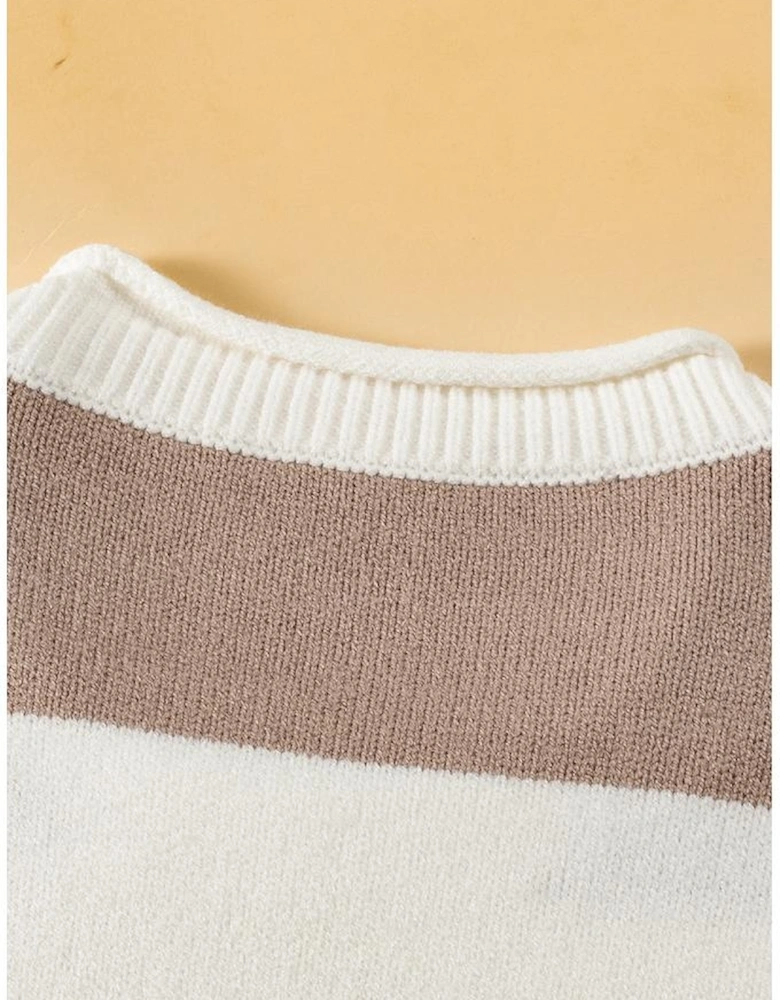 Khaki Stripe Dropped Short Sleeve Lightweight Knitted Top