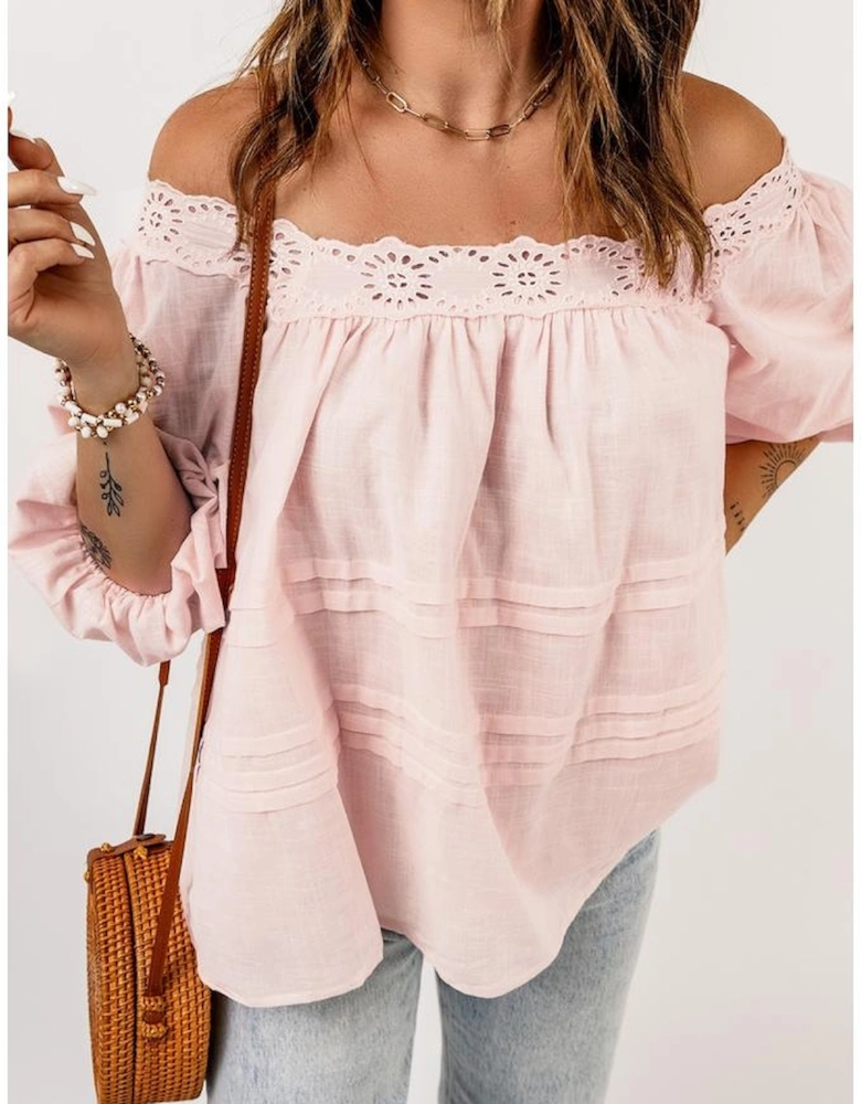 Beige Puff Sleeve Eyelet Babydoll Blouse