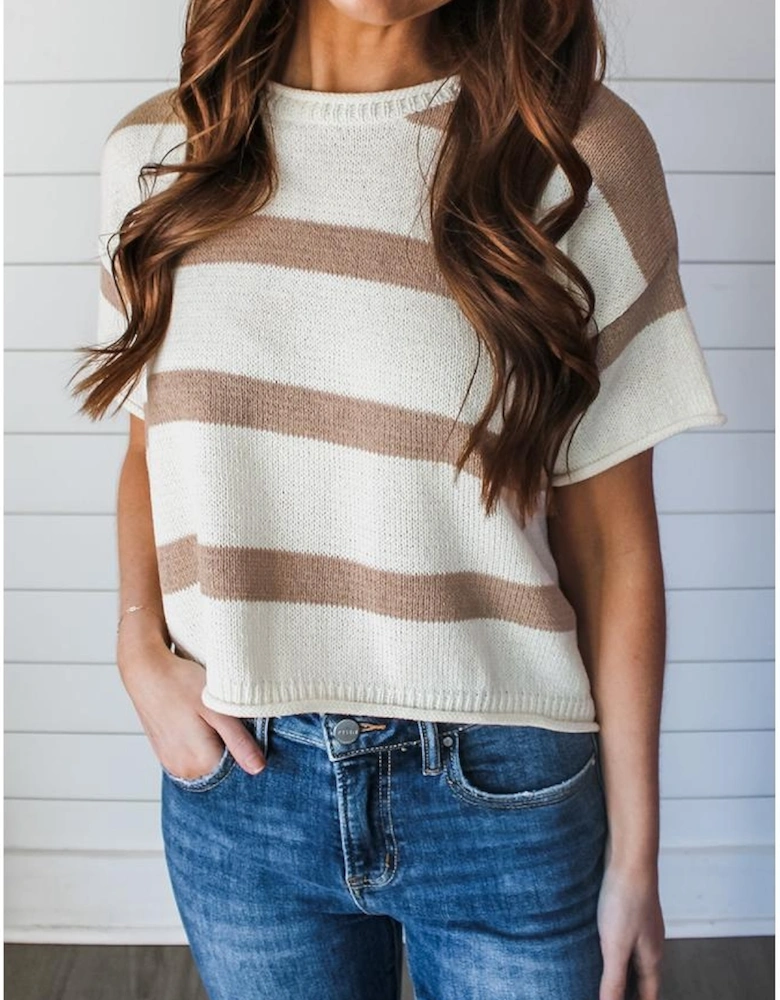 Khaki Stripe Dropped Short Sleeve Lightweight Knitted Top
