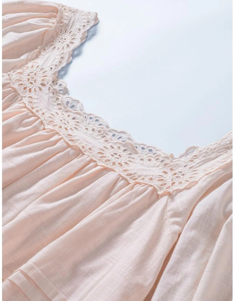 Beige Puff Sleeve Eyelet Babydoll Blouse