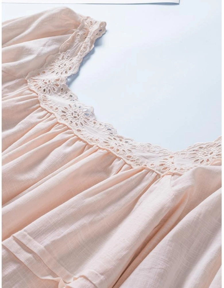 Beige Puff Sleeve Eyelet Babydoll Blouse