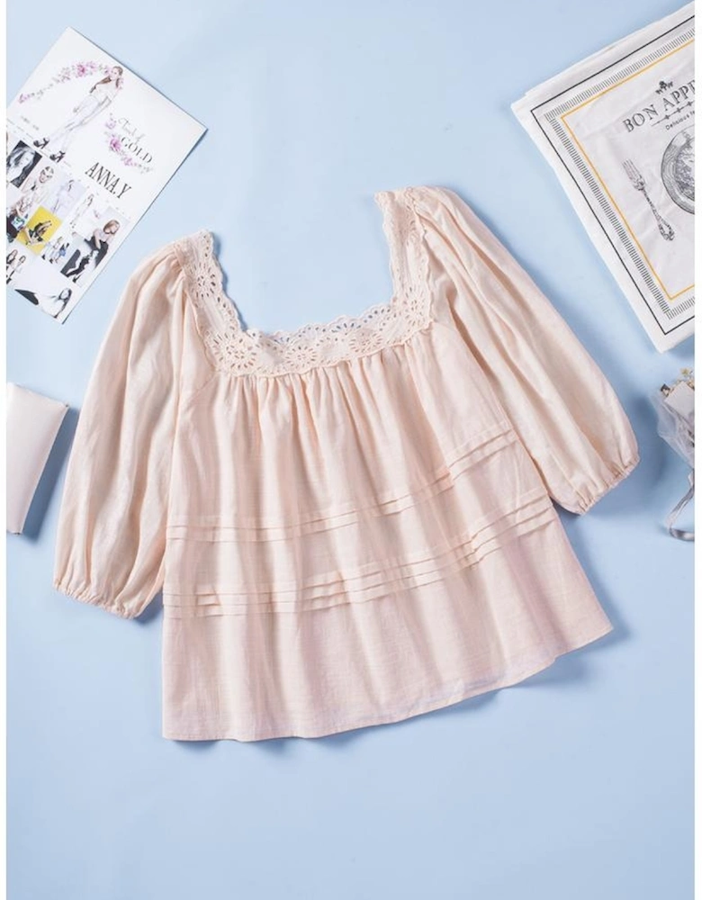 Beige Puff Sleeve Eyelet Babydoll Blouse