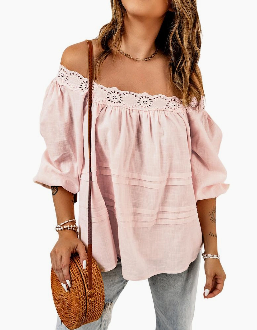 Beige Puff Sleeve Eyelet Babydoll Blouse