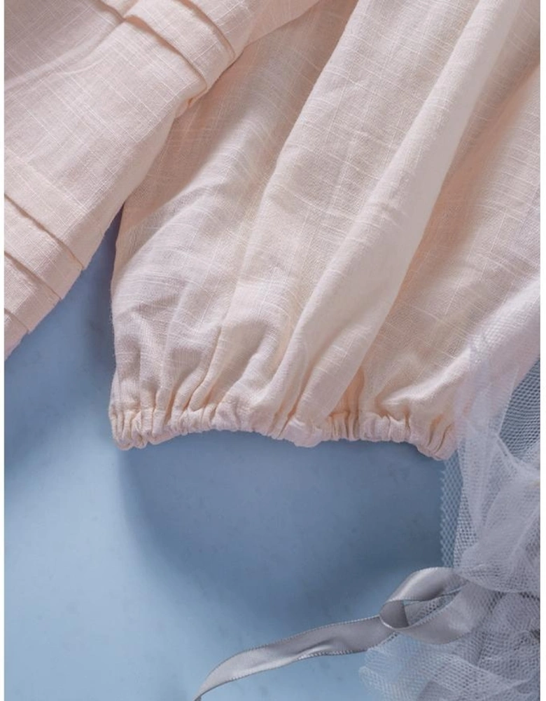 Beige Puff Sleeve Eyelet Babydoll Blouse