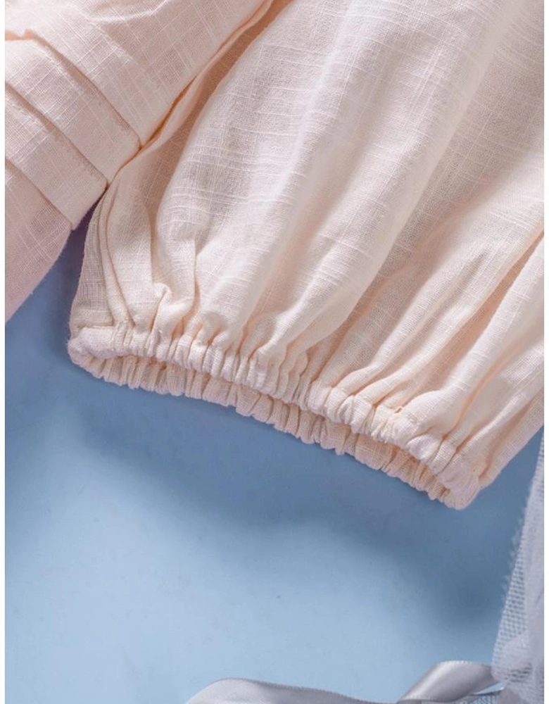 Beige Puff Sleeve Eyelet Babydoll Blouse