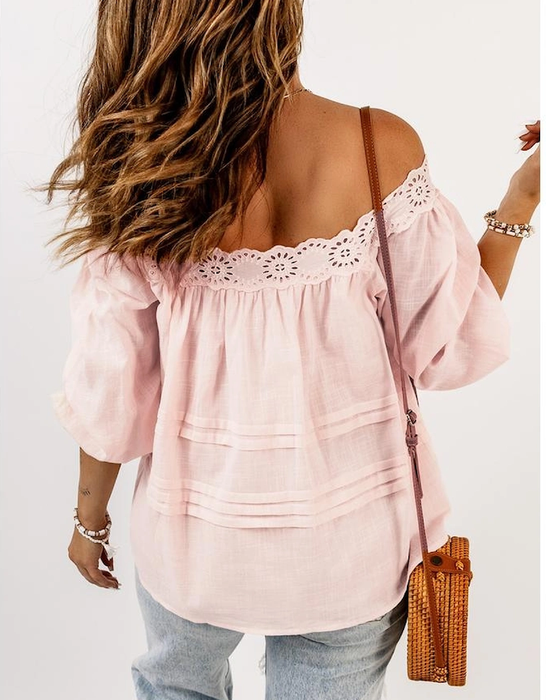 Beige Puff Sleeve Eyelet Babydoll Blouse
