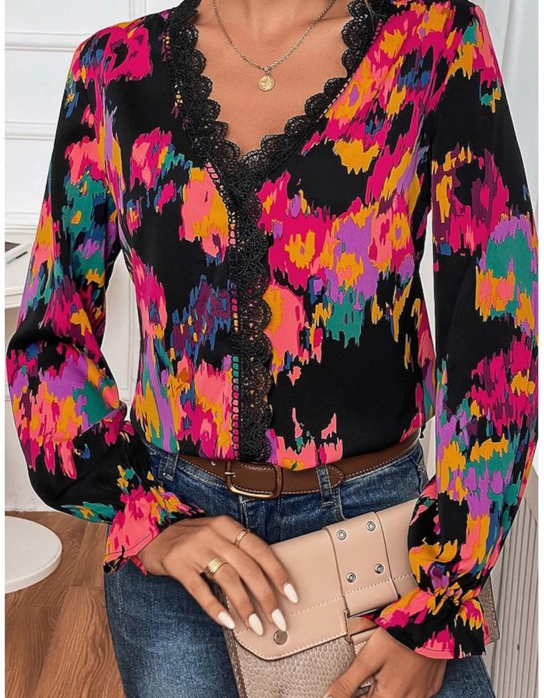 Azura Exchange Black Abstract Printed Flounce Sleeve Lace V-Neck Blouse