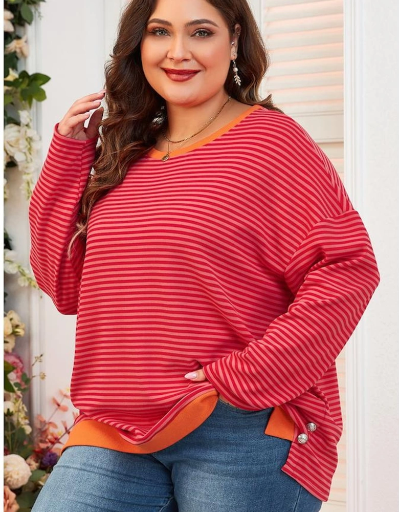 Orange Stripe Plus Size Drop Shoulder Long Sleeve Buttoned Decor Top