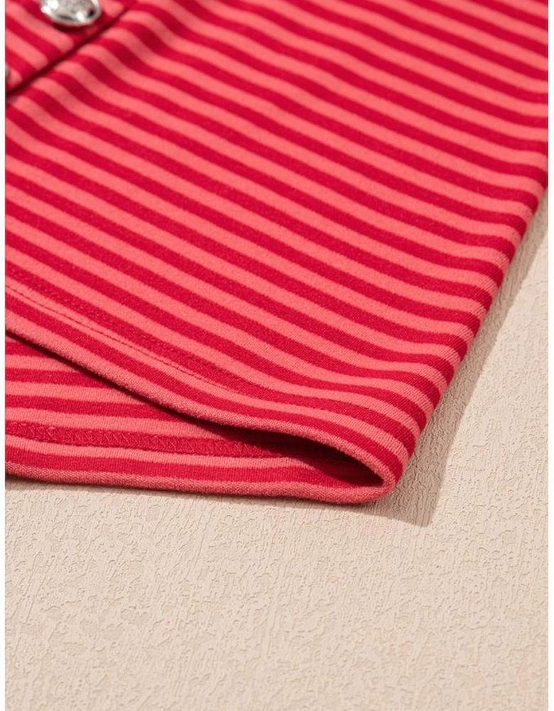 Orange Stripe Plus Size Drop Shoulder Long Sleeve Buttoned Decor Top