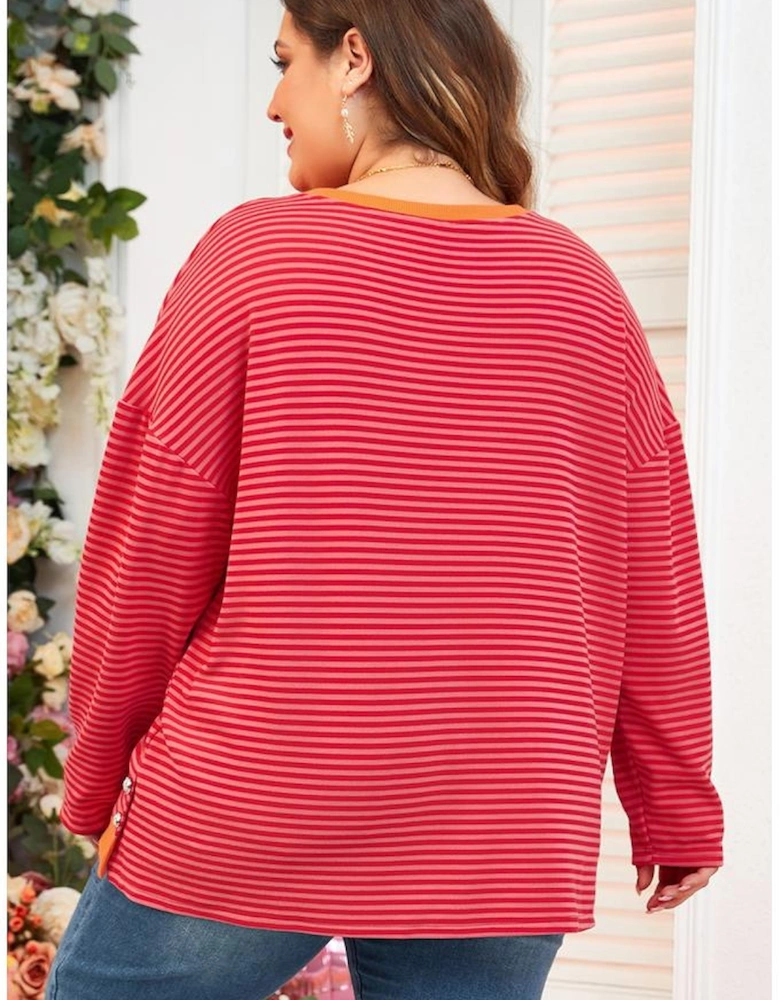Orange Stripe Plus Size Drop Shoulder Long Sleeve Buttoned Decor Top