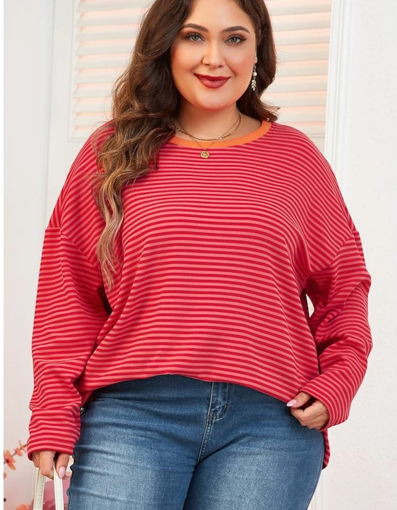 Orange Stripe Plus Size Drop Shoulder Long Sleeve Buttoned Decor Top
