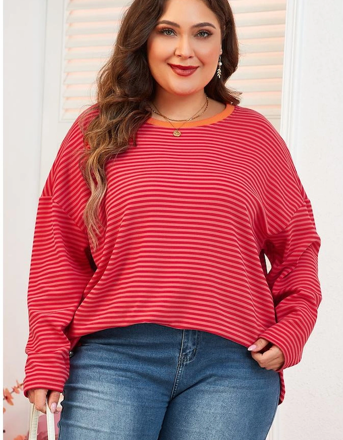 Orange Stripe Plus Size Drop Shoulder Long Sleeve Buttoned Decor Top
