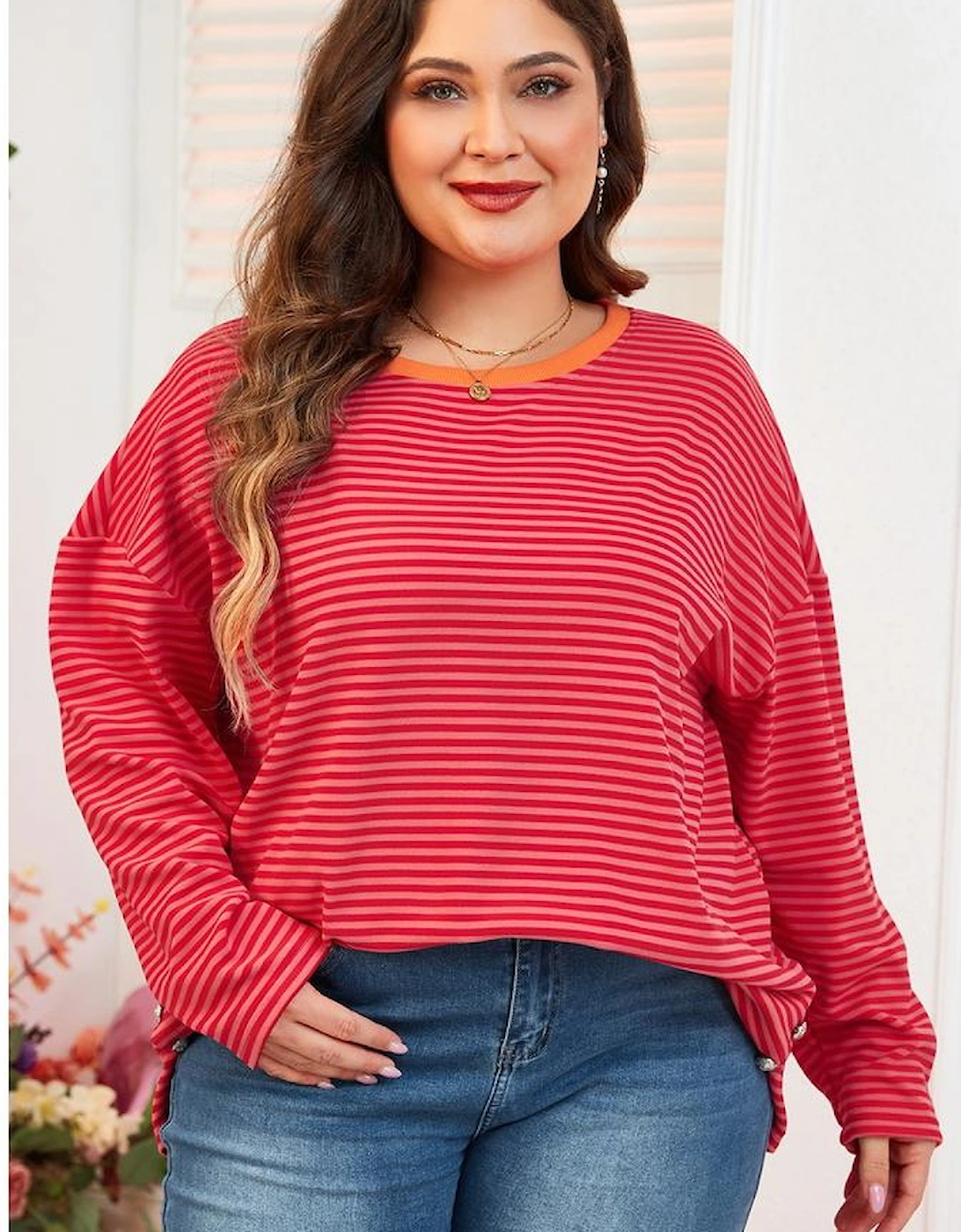 Orange Stripe Plus Size Drop Shoulder Long Sleeve Buttoned Decor Top