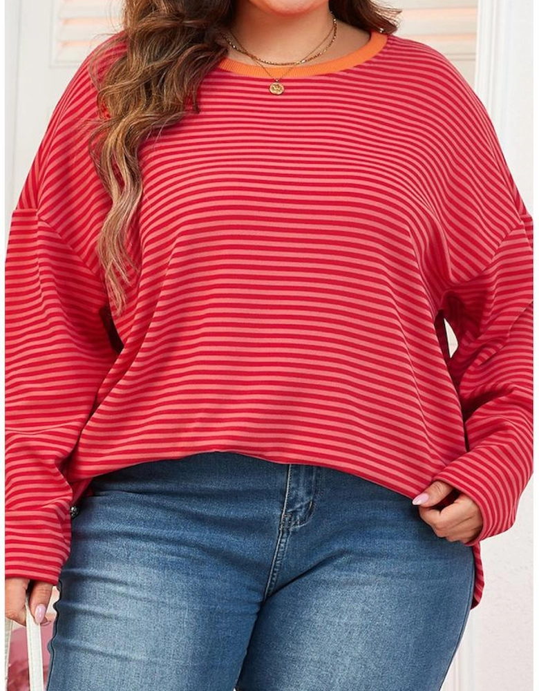 Orange Stripe Plus Size Drop Shoulder Long Sleeve Buttoned Decor Top
