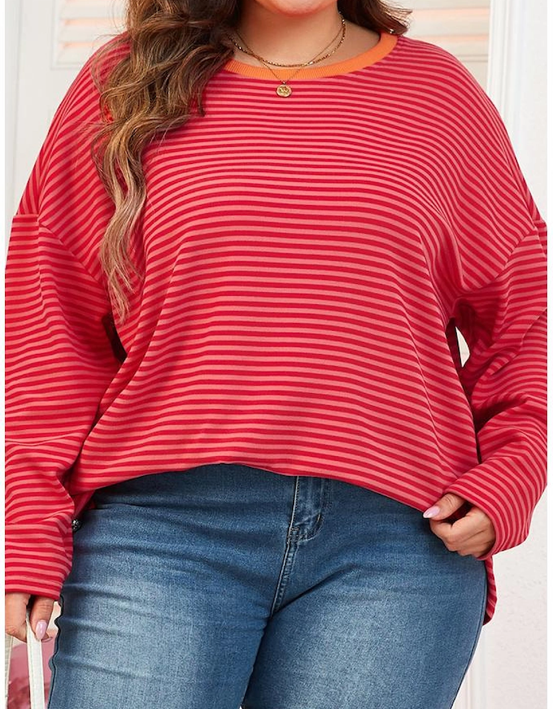Orange Stripe Plus Size Drop Shoulder Long Sleeve Buttoned Decor Top