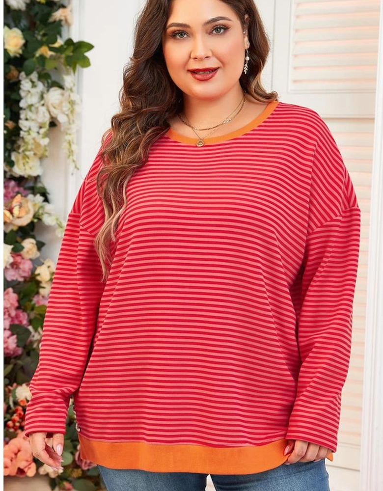 Orange Stripe Plus Size Drop Shoulder Long Sleeve Buttoned Decor Top