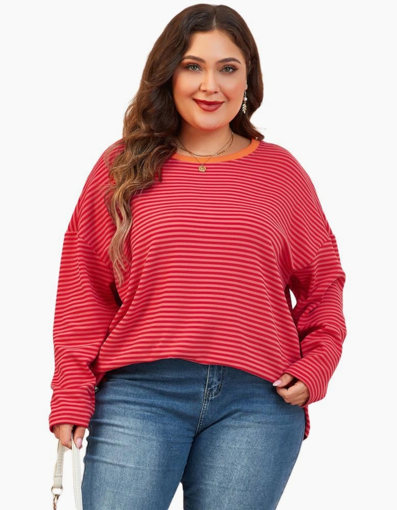 Orange Stripe Plus Size Drop Shoulder Long Sleeve Buttoned Decor Top