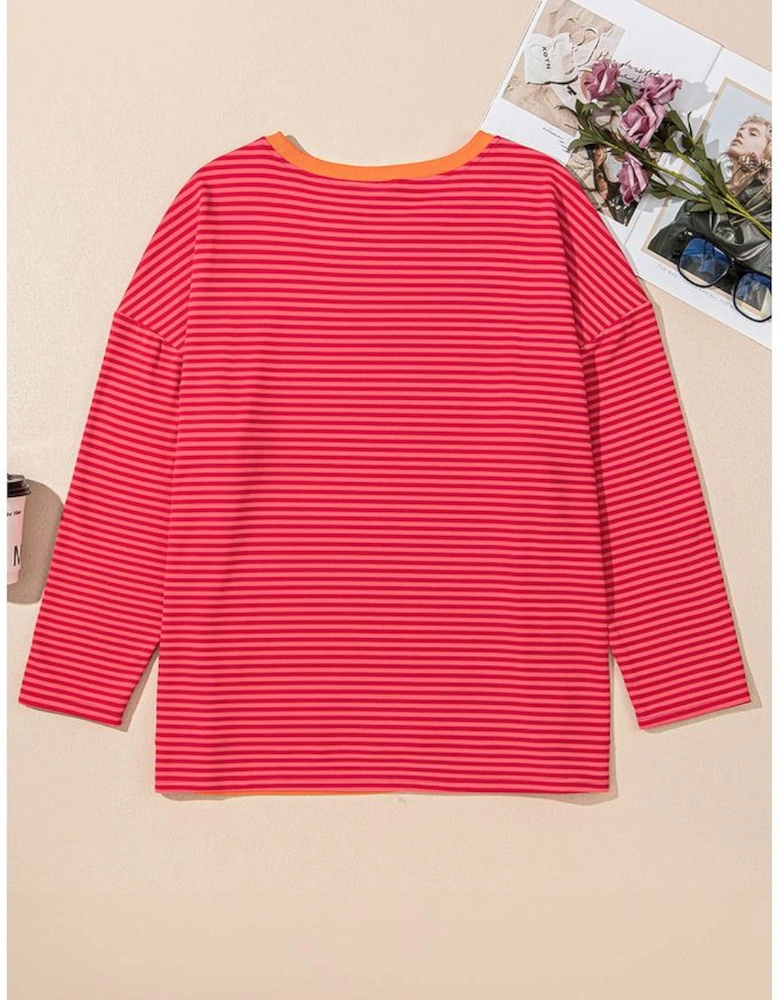 Orange Stripe Plus Size Drop Shoulder Long Sleeve Buttoned Decor Top