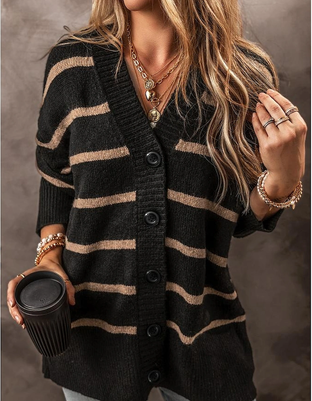 Black Stripe Buttoned V Neck Drop Shoulder Loose Cardigan
