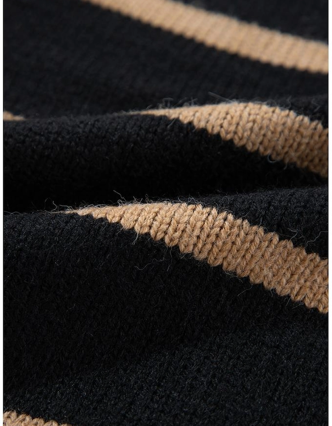 Black Stripe Buttoned V Neck Drop Shoulder Loose Cardigan