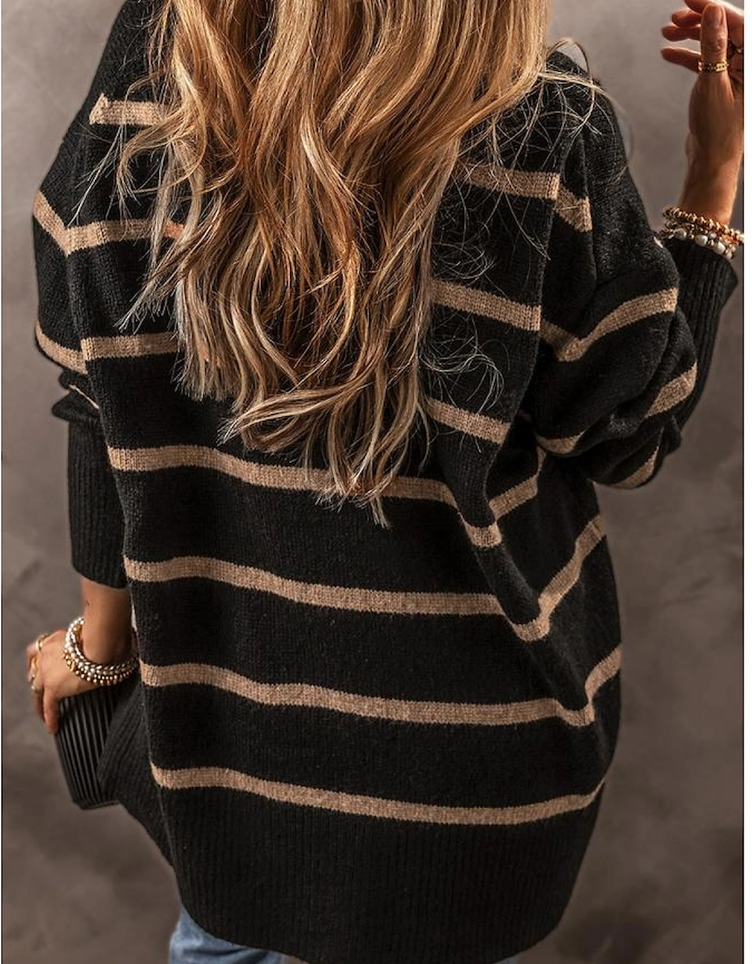 Black Stripe Buttoned V Neck Drop Shoulder Loose Cardigan, 13 of 12
