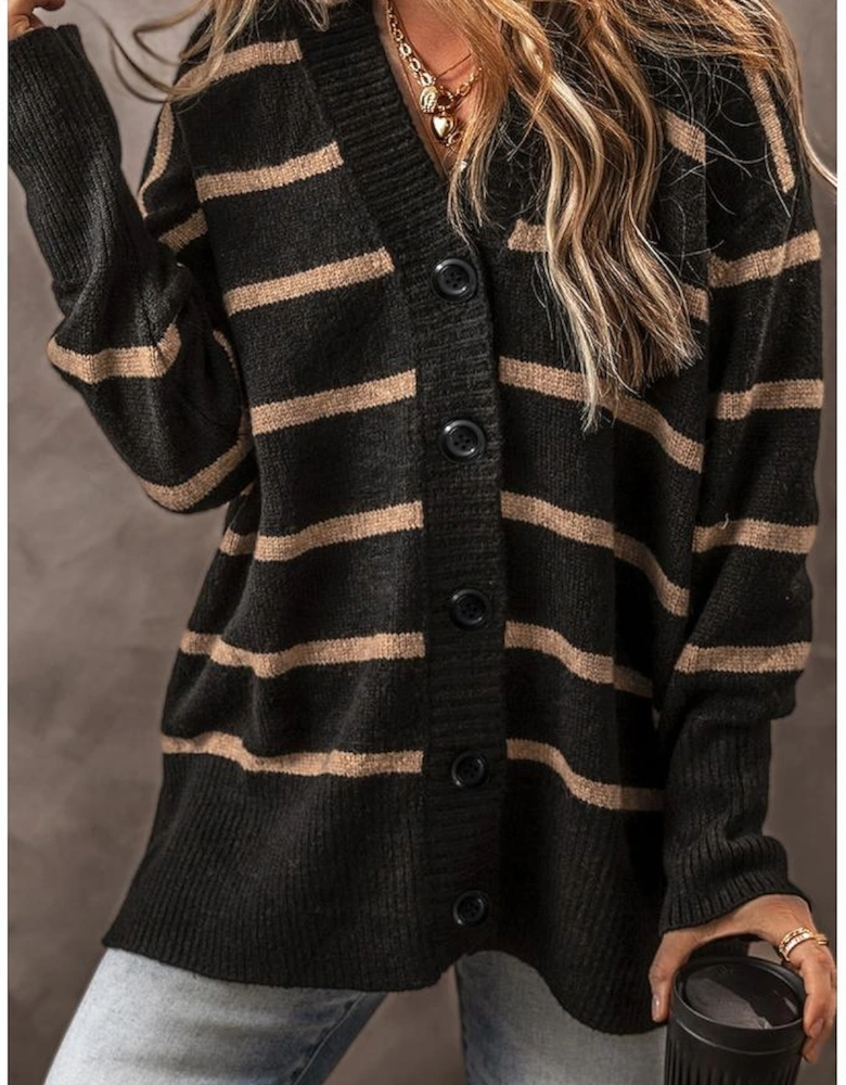 Black Stripe Buttoned V Neck Drop Shoulder Loose Cardigan