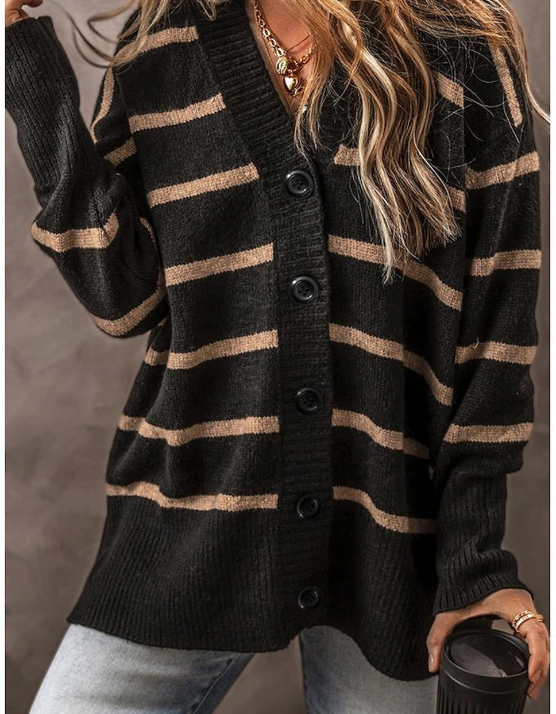 Black Stripe Buttoned V Neck Drop Shoulder Loose Cardigan