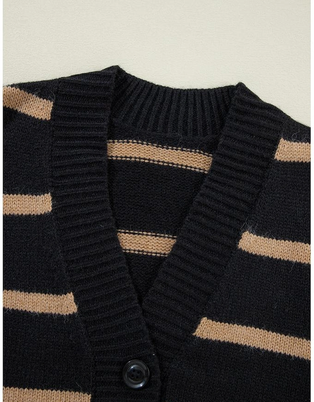 Black Stripe Buttoned V Neck Drop Shoulder Loose Cardigan