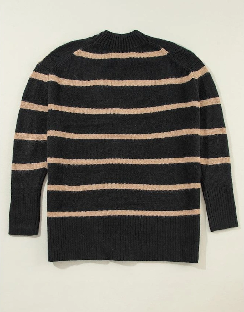 Black Stripe Buttoned V Neck Drop Shoulder Loose Cardigan