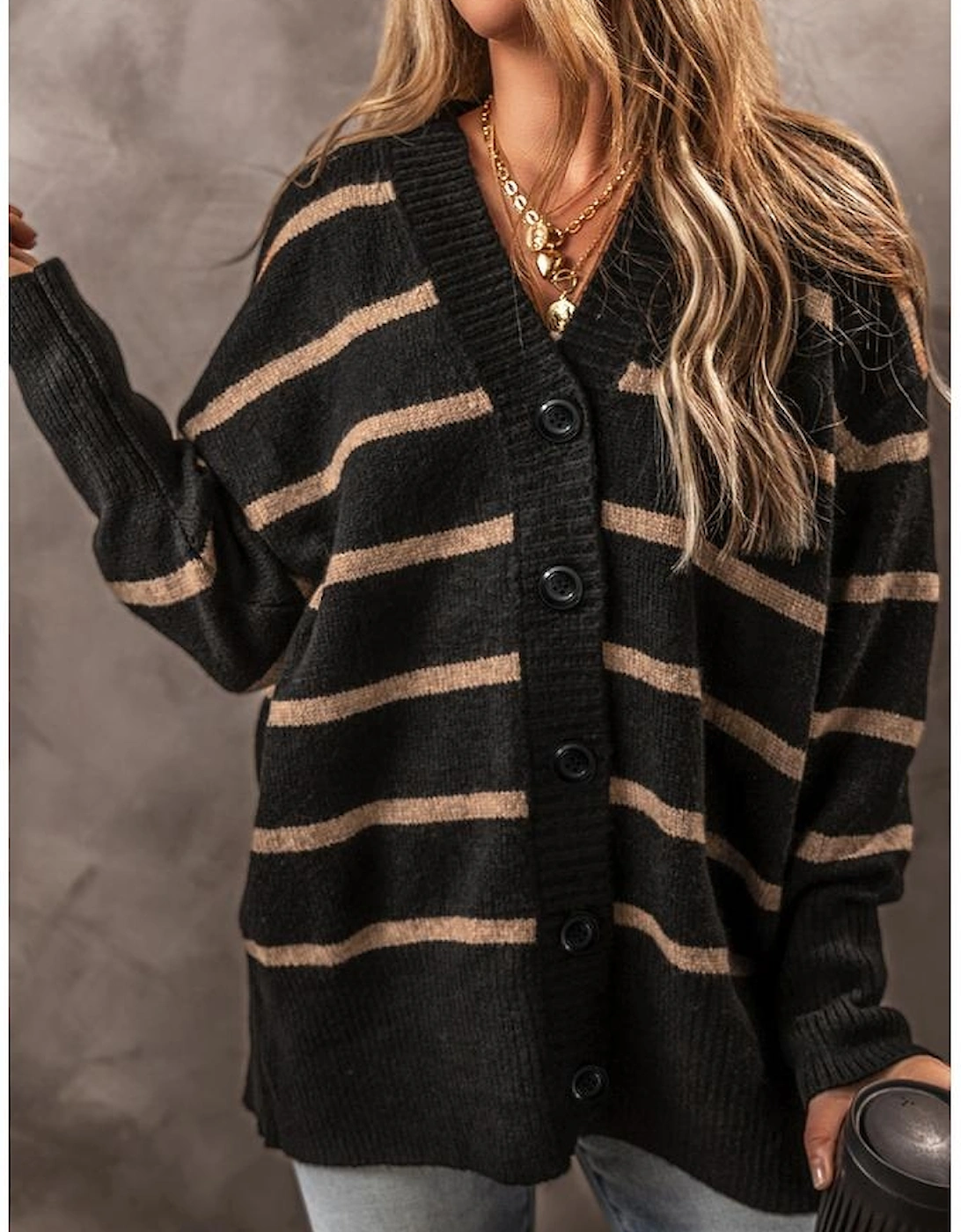 Black Stripe Buttoned V Neck Drop Shoulder Loose Cardigan
