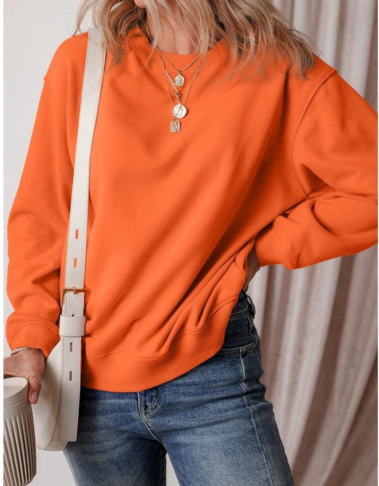 Russet Orange Solid Fleece Lined Drop Shoulder Terry Sweatshirt