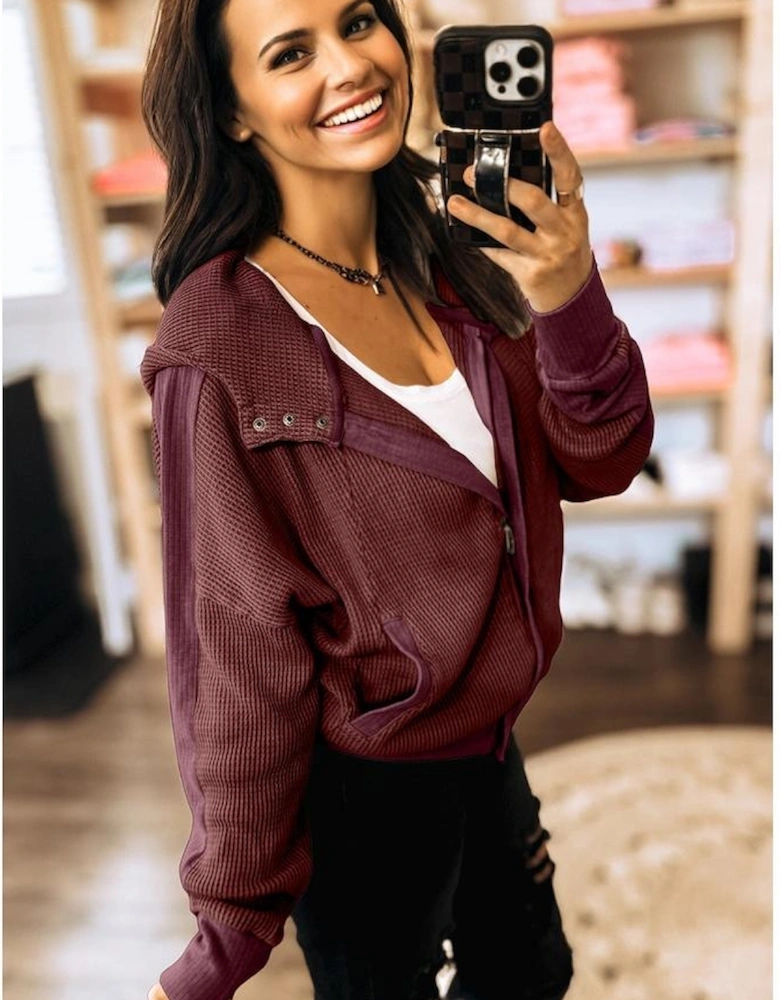 Burgundy Waffle Splicing Zip Up Front Button Hooded Jacket