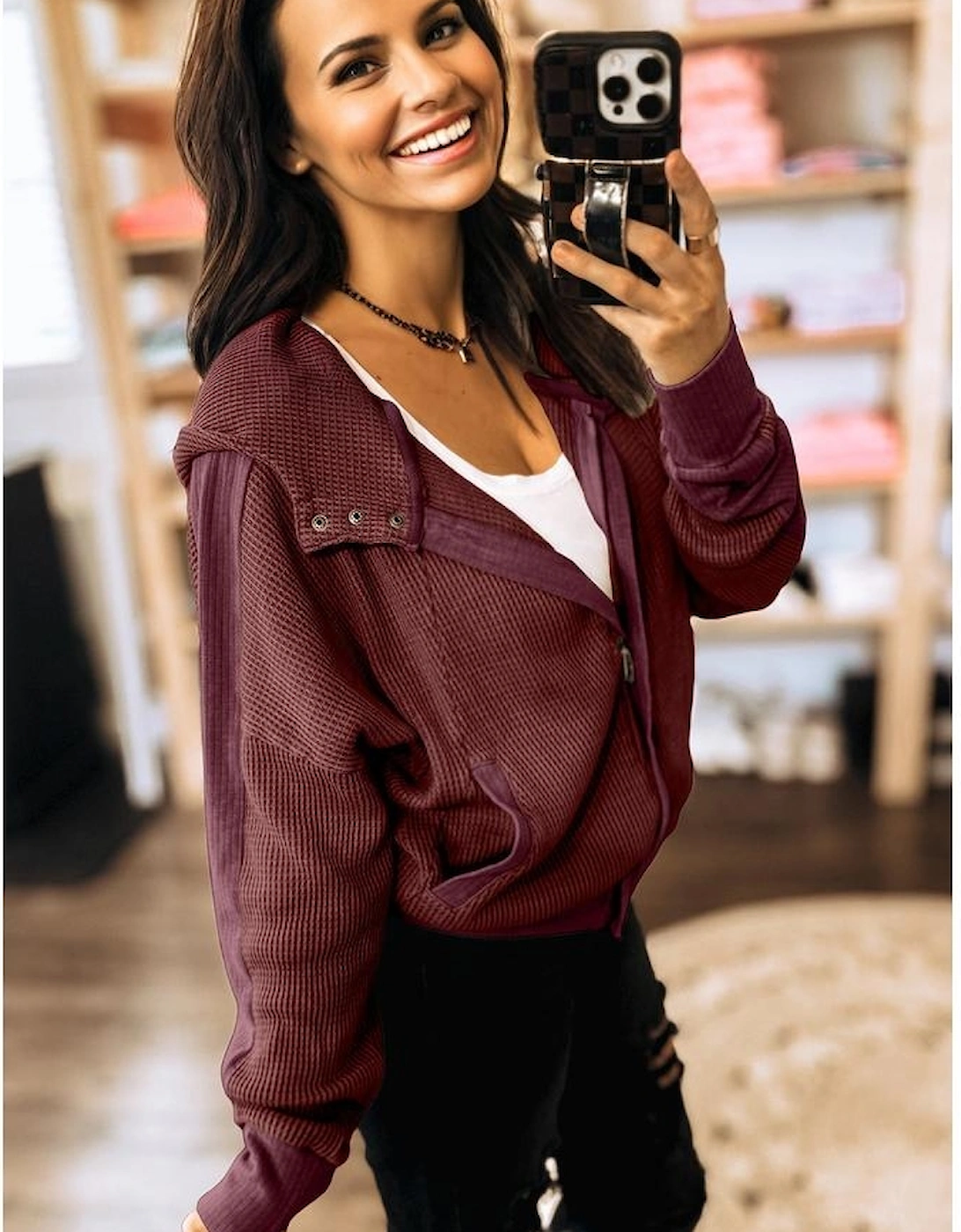 Burgundy Waffle Splicing Zip Up Front Button Hooded Jacket, 7 of 6