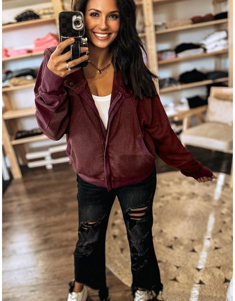 Burgundy Waffle Splicing Zip Up Front Button Hooded Jacket
