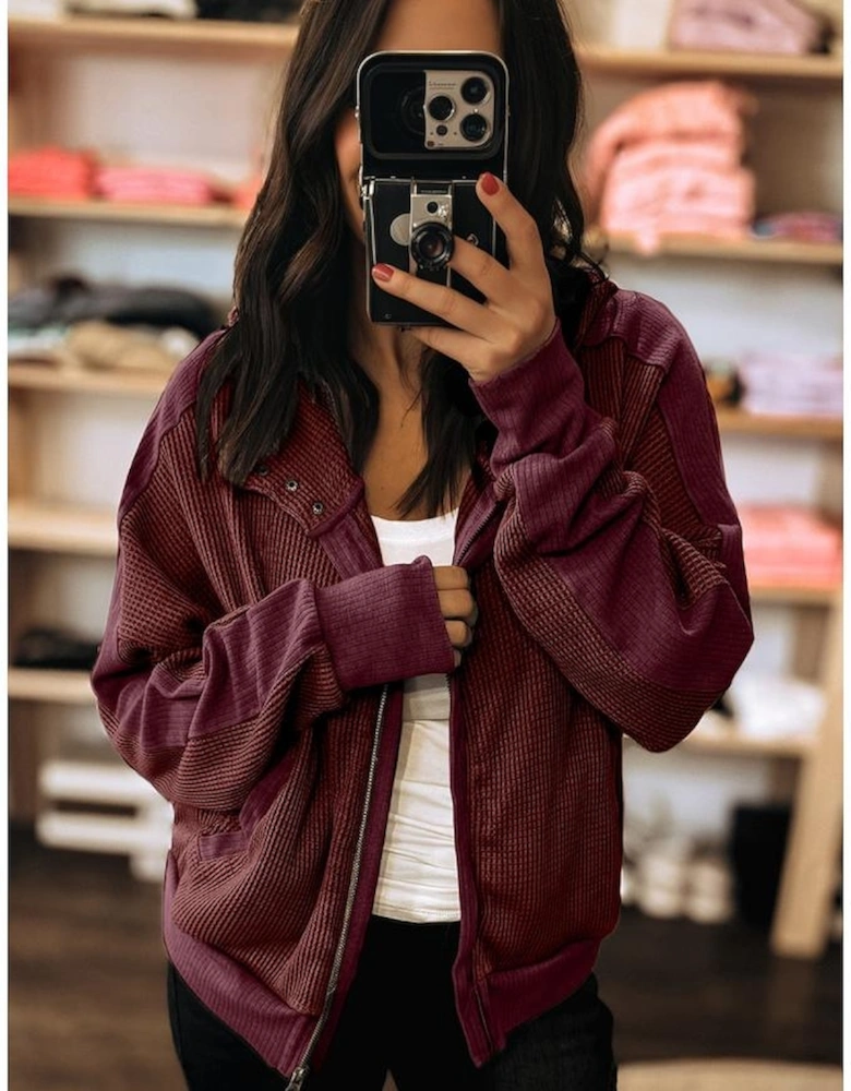 Burgundy Waffle Splicing Zip Up Front Button Hooded Jacket
