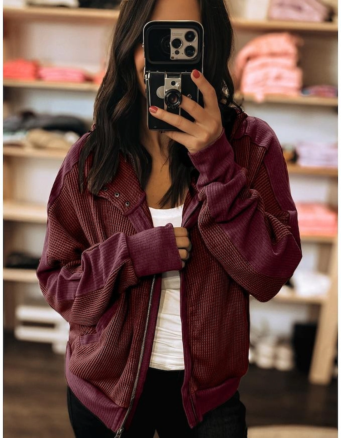 Burgundy Waffle Splicing Zip Up Front Button Hooded Jacket