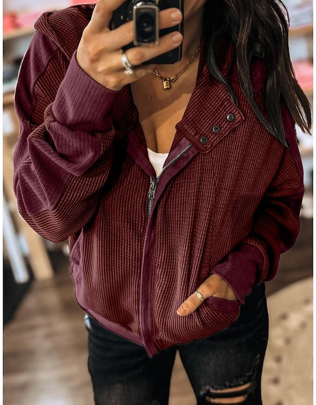 Burgundy Waffle Splicing Zip Up Front Button Hooded Jacket