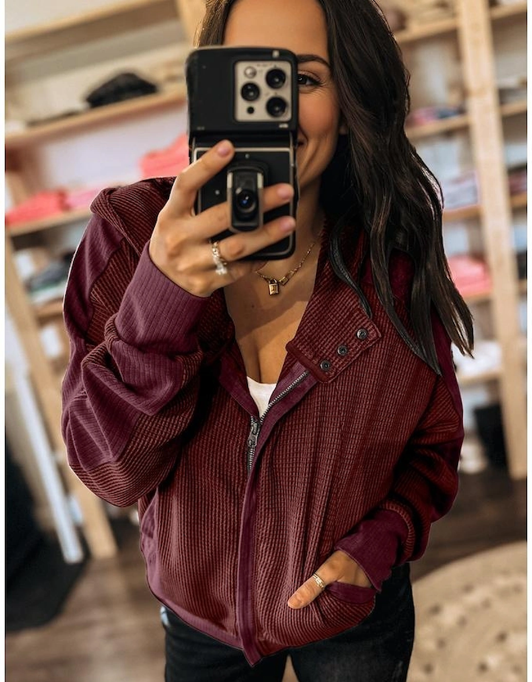 Burgundy Waffle Splicing Zip Up Front Button Hooded Jacket