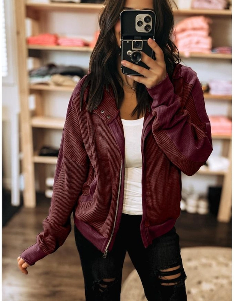 Burgundy Waffle Splicing Zip Up Front Button Hooded Jacket