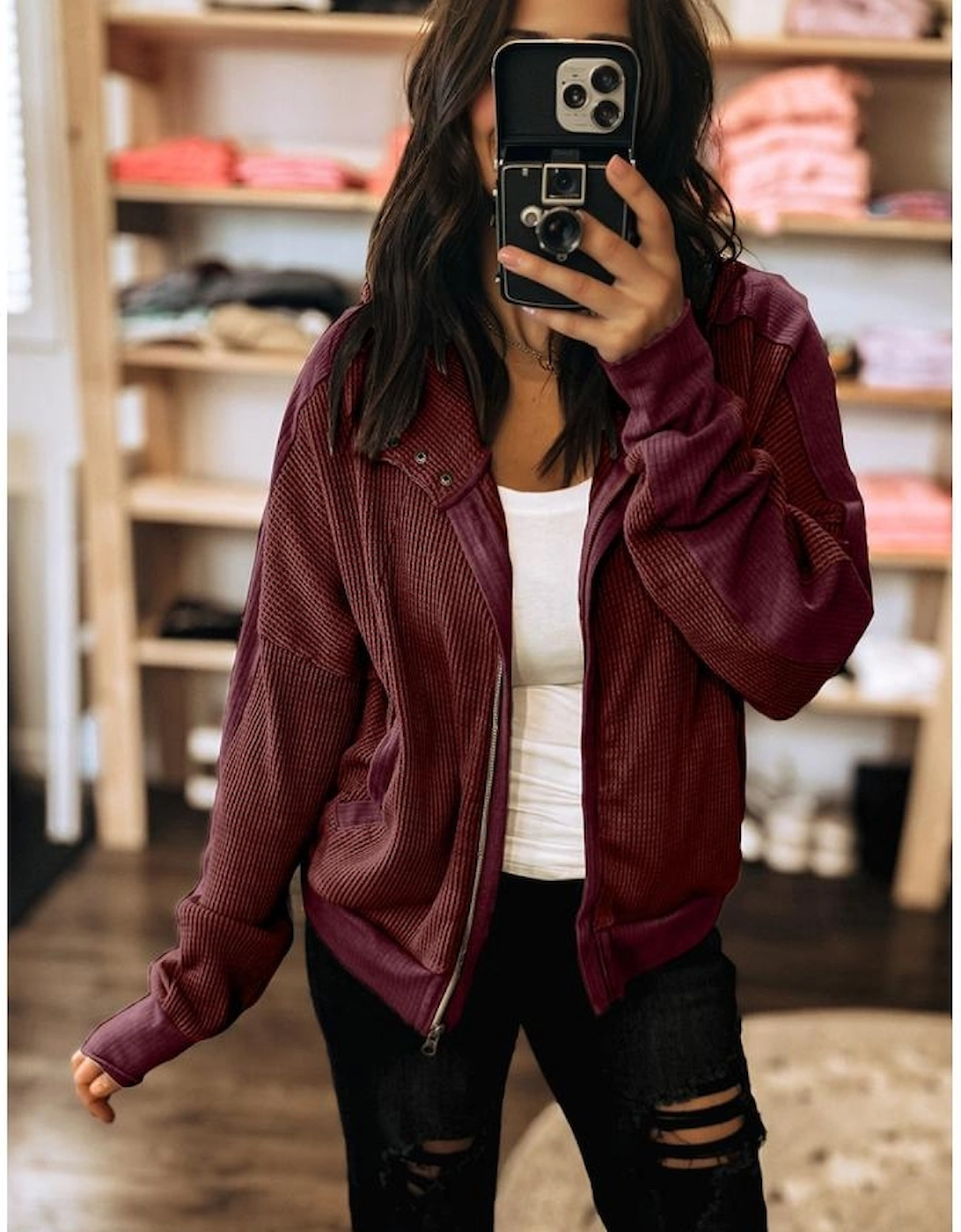 Burgundy Waffle Splicing Zip Up Front Button Hooded Jacket