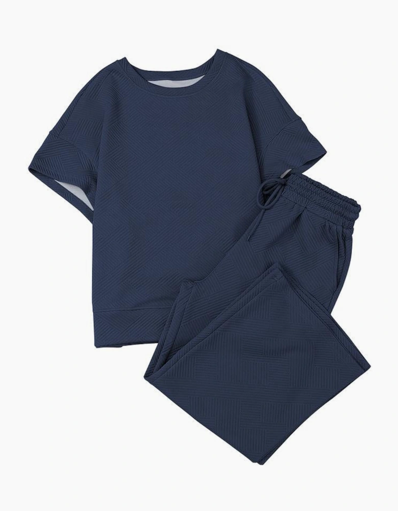 Navy Blue Textured Loose Fit T Shirt and Drawstring Pants Set