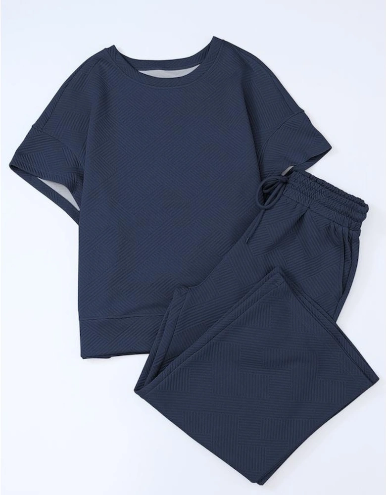 Navy Blue Textured Loose Fit T Shirt and Drawstring Pants Set