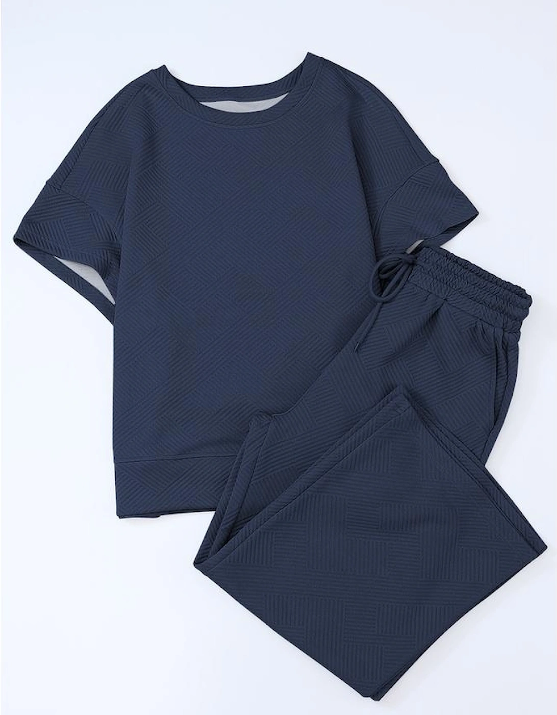 Navy Blue Textured Loose Fit T Shirt and Drawstring Pants Set