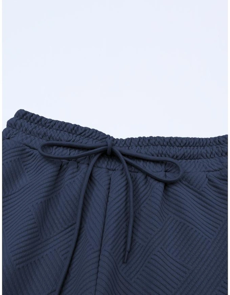 Navy Blue Textured Loose Fit T Shirt and Drawstring Pants Set