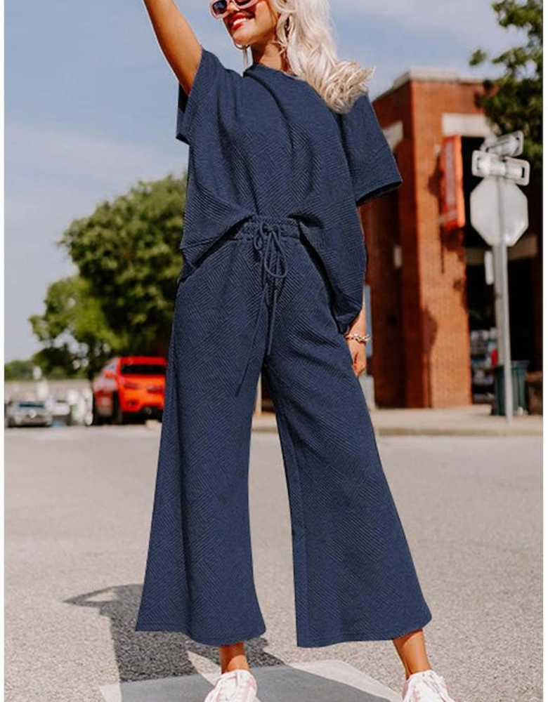 Navy Blue Textured Loose Fit T Shirt and Drawstring Pants Set