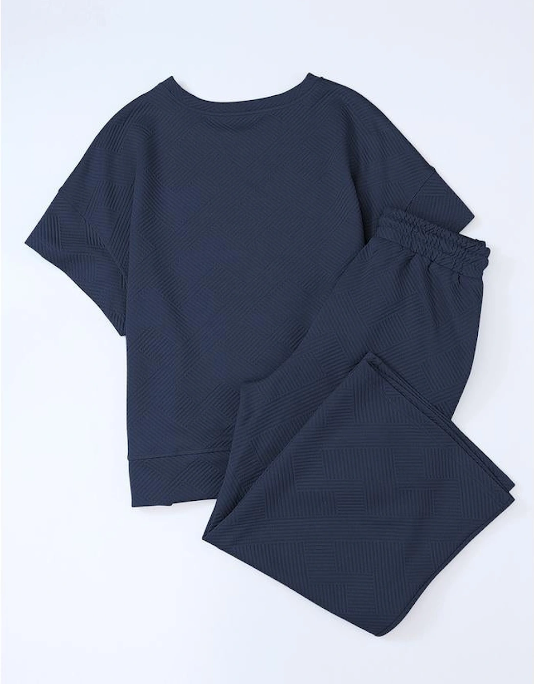 Navy Blue Textured Loose Fit T Shirt and Drawstring Pants Set