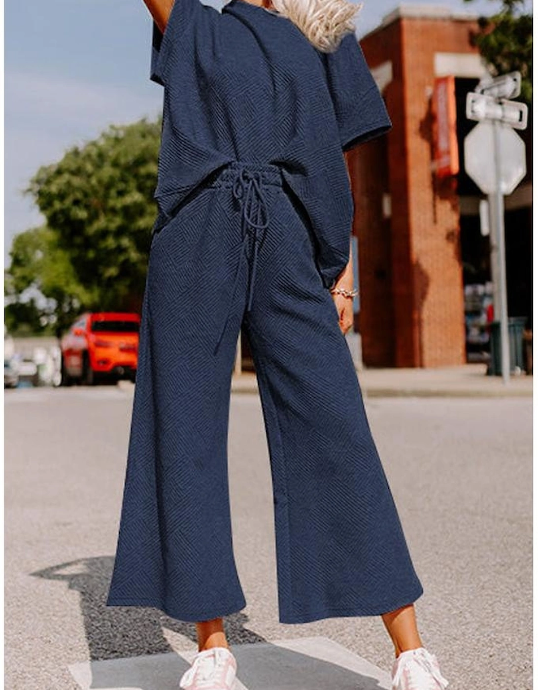 Navy Blue Textured Loose Fit T Shirt and Drawstring Pants Set