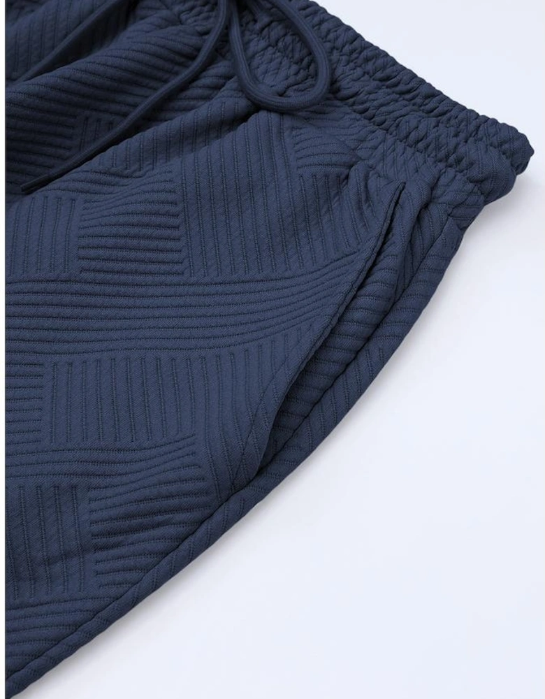 Navy Blue Textured Loose Fit T Shirt and Drawstring Pants Set