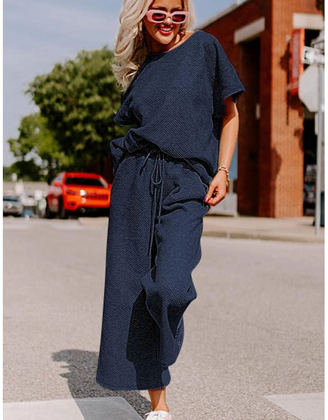 Navy Blue Textured Loose Fit T Shirt and Drawstring Pants Set